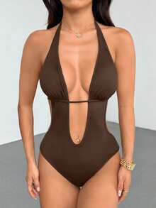 Flirla 黑色深V领露背系带连体衣，超弹力，柔软舒适，性感休闲，适合海滩、日常、夏季穿着。 - 棕色 - 查看 3