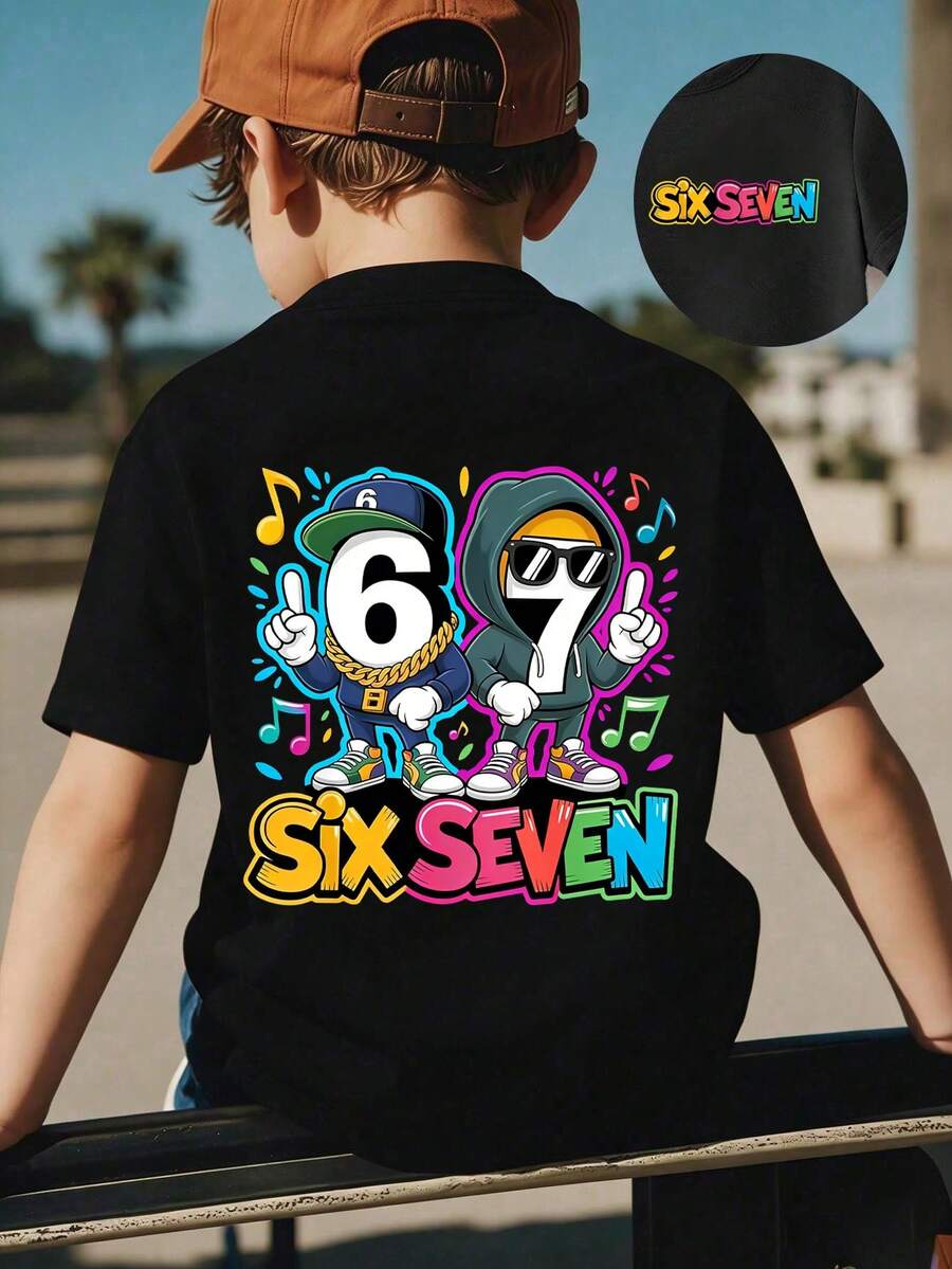 SHEIN Explorewe 男童休闲时尚创意个性清新简约酷炫数字67卡通人物音乐符号图案字母标语印花基础款短袖T恤,舒适日常穿着,适合春、夏、秋季穿着。 - 黑色 - 查看 1