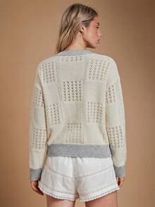 WESTFADE 拼接圆领花卉刺绣混针长袖套头针织毛衣，可爱秋季上衣，休闲波西米亚风女装，乡村西部音乐会风格，秋季，冬日 - 灰色 - 查看 2