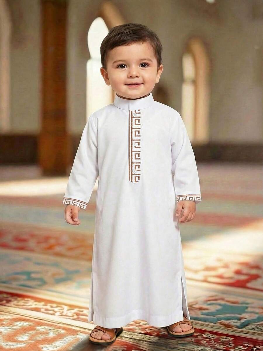 SHEIN 男婴休闲复古印花宽松长衬衫，阿拉伯风格，适合春夏穿着 - 白色 - 查看 1