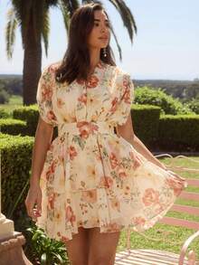 Enchnt Spring/Summer, New Fashionable And Romantic Deep V-Neck Fitted Waist Printed Chiffon A-Line Dress, Vacation Dress, Summer Vacation Outfit, Vacation & Everyday & Valentine's Day Dress, Casual Dresses Elegant Dresses - Multicolor - View 8