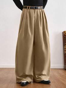 TOKVUE 男士阔腿裤，男士褶裥西装裤，热销INS风长裤，男女通用款，首尔风长裤，休闲纯色宽松阔腿裤，前缝设计，日常男友/老公礼物，周年纪念礼物 - 卡其色 - 查看 6