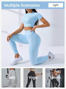 Gameset SHEIN Sport Solid Seamless High Stretch Crop Tee & Leggings Workout Women Set Women Leggings Set Gym Women Outfit - Baby Blue - View 8