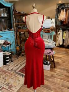 Franclia Sexy Backless Spaghetti Strap Waist Cinched Fitted Casual Party Dress For Women - Red - View 2
