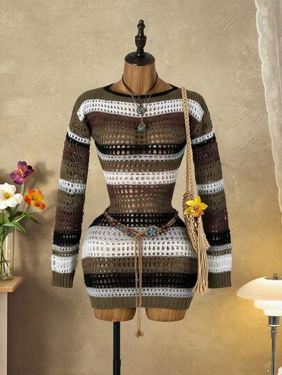 Mistrie Women's Green Striped Hollow-Out Knit Dress, Lightweight Casual Minimalist Mid-Length Dress For Early Autumn