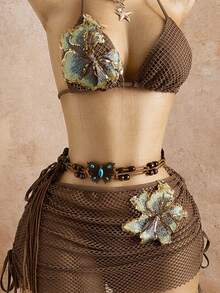 Bellisia 三件套纹理面料印花比基尼套装，泳衣带裙，春夏海滩度假 - 棕色 - 查看 5