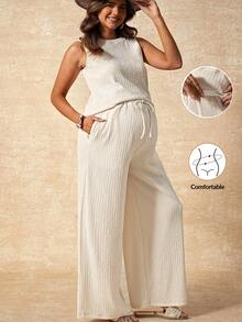 Boho Mama 两件套孕妇夏季休闲度假纯色背心和裤子套装 - 杏色 - 查看 1