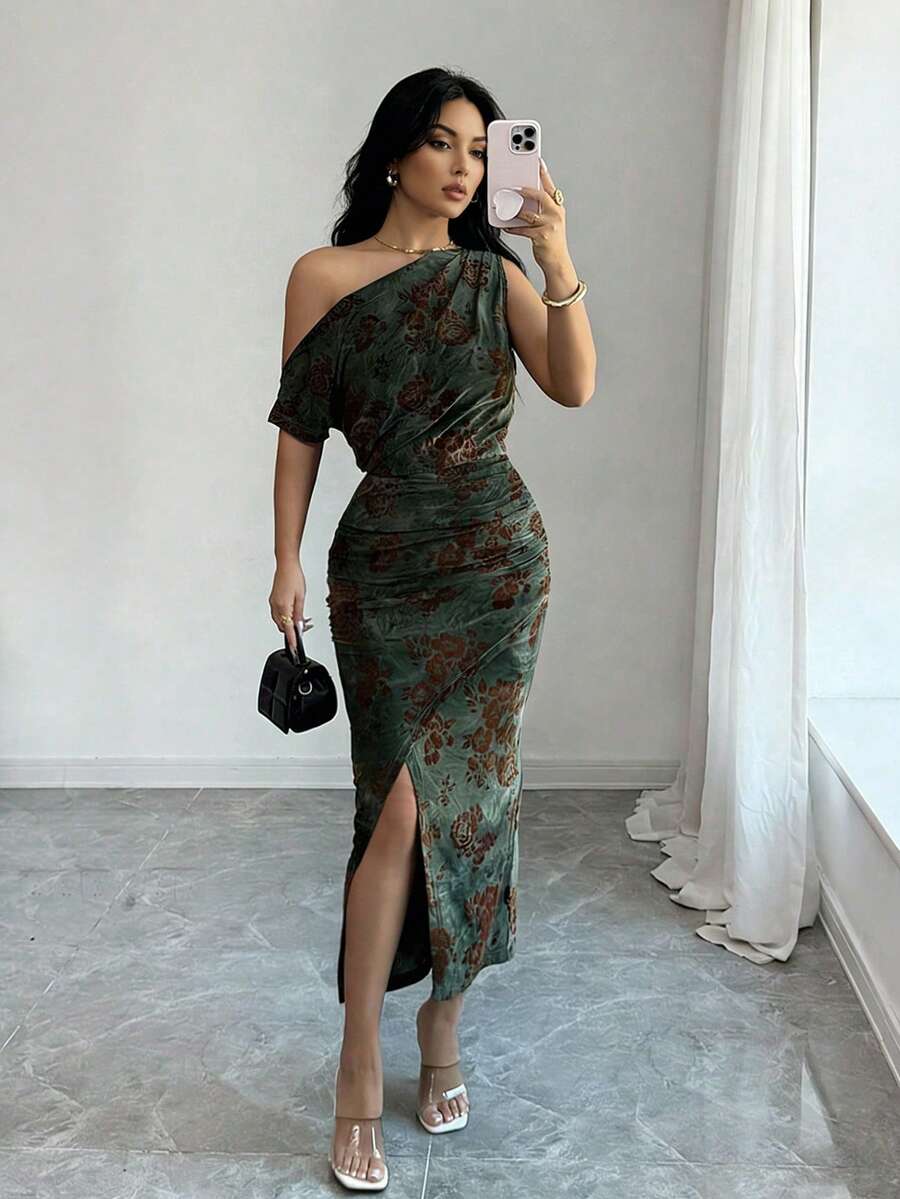 Rafferiza Elegant Off-The-Shoulder Sleeveless Dress  Slim-Fitting Dress With Ruched Hips And Overlapping Split Hem   Knitted Burnout Fabric Spring Dress   Green Base With Brown Floral Pattern Elegant Dress For Women   Women's Elegant Party Dress  Women's Elegant Long Dress   Women's Holiday Dress   Party Dress   Women's Spring Dress - Multicolor - View 1