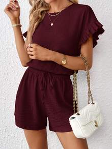 SHEIN Essnce 2pcs Women Short Sleeve Top & Elastic Waist Shorts Set - Maroon - View 5