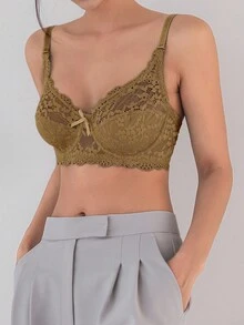 DAZY 纯色蕾丝可调节肩带轻薄衬垫文胸，女士内衣 - 棕色 - 查看 5