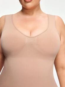 SHAPORA 女士无缝V领塑身连体衣，纤体塑形，收腹提臀，紧身包臀连体衣，可作外衣穿着 - 杏色 - 查看 6