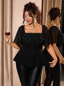 Cravure 加大码女式方领仿珍珠装饰优雅荷叶边袖上衣黑色俱乐部风上衣 - 黑色 - 查看 5