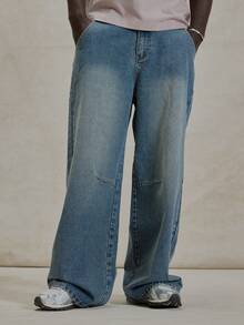 Musero 宽松水洗牛仔裤，缝线纽扣门襟，配有腰带环，冬季必备街头风单品 - 中等水洗藍 - 查看 2