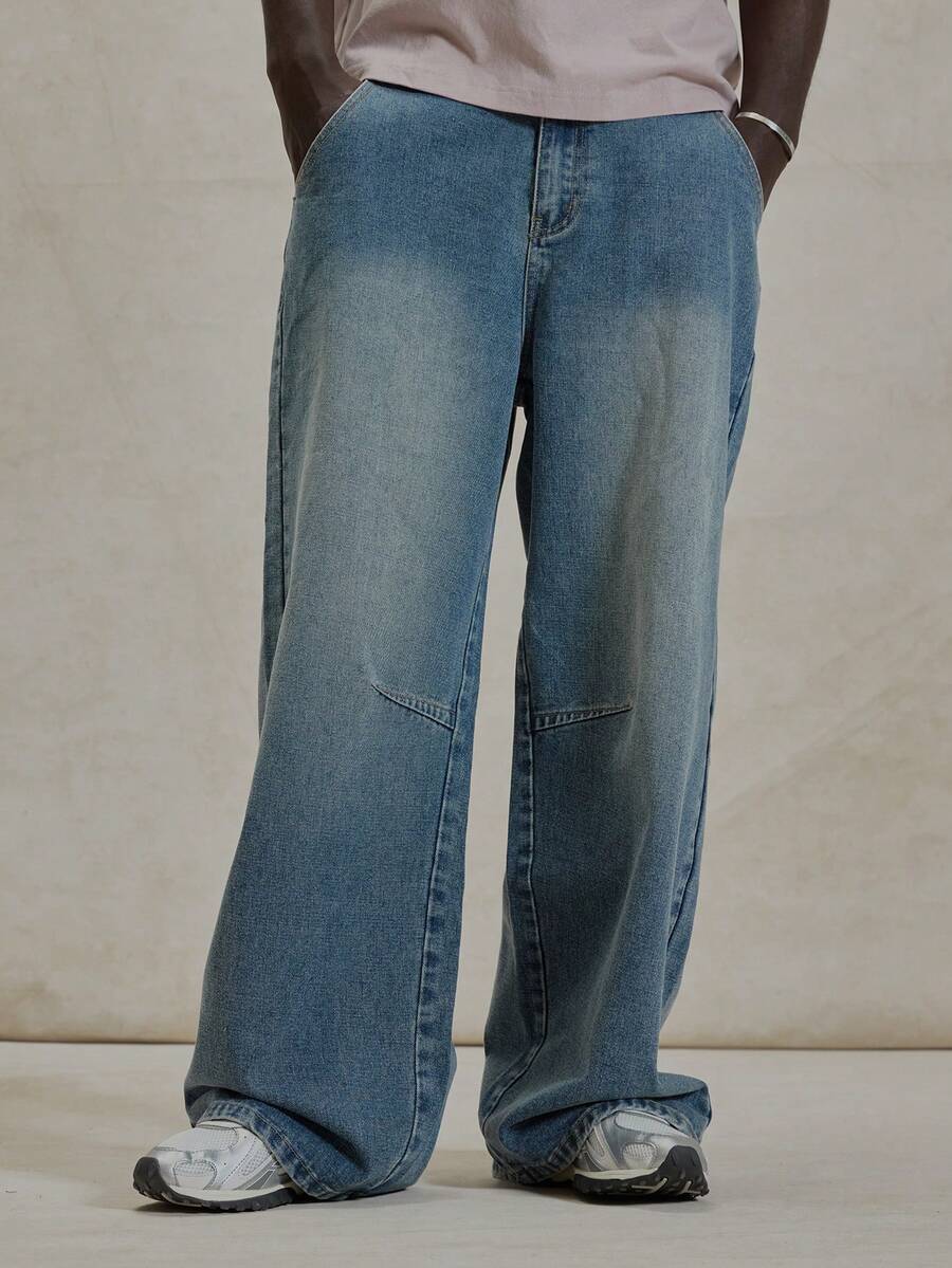 Musero Relaxed Fit Washed Jeans Stitch Button Fastening  Denim Pant Belt Loop Detailing Trouser Winter Essentials Streetstyle - Medium Wash - View 1