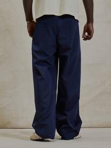 Wide Leg Baggy Style Nylon Basic Trouser Pant Button Up Belt Loop Detailing Winter Essentials - Navy Blue - View 4