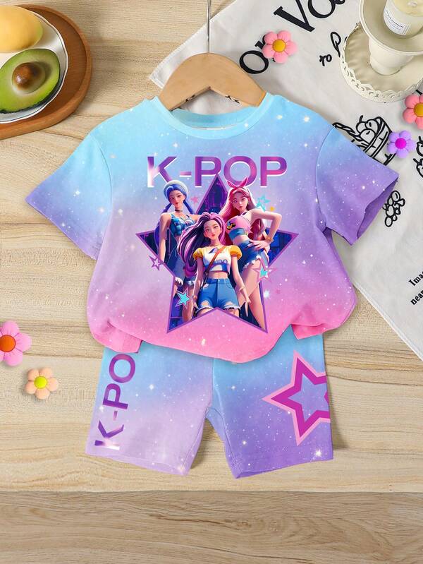 2pcs/Set Baby Girl Casual K-POP Korean Style Cartoon Girl Pentagram Colorblock Tie-Dye Short Sleeve Round Neck T-Shirt And Matching Shorts Set, Suitable For Holiday Casual Wear