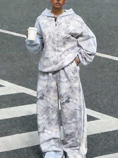 Muchica Camouflage Print Knit Hoodie And Sweatpants Set 2 Piece Casual Sets Woman