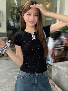 DAZY 女士休闲波点印花蝴蝶结装饰短袖T恤，夏季 - 黑色 - 查看 6