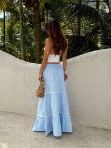 Sunnyshic 女士蓝色低腰格子长裙，蕾丝边设计，甜美可爱学院风，时尚百搭，适合日常、约会、海滩、春夏穿着。 - 藍色 - 查看 2