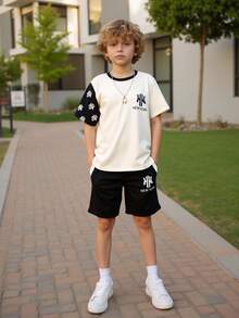 Vacaura 2pcs/Set Boys' Casual Contrast Color Patchwork Asymmetrical T-Shirt Set, Front Graphic Decor, Fashion Minimalist Design Suitable For Daily, Commute, Leisure, Sports - Multicolor - View 9