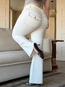 Dazy Plus Stretchy Skinny Long Casual Versatile Flare White Jeans, All Season - White - View 6