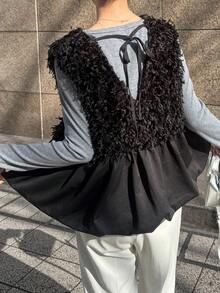 FRIFUL 女士黑色无袖拼接绒面褶皱设计宽松休闲百搭叠穿背心，秋季款 - 黑色 - 查看 6