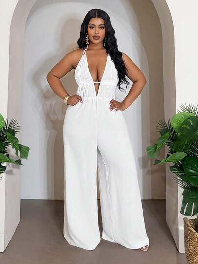 Slaydiva 2026 Frühling/Sommer Neuankömmling Sexy & Strand & Resort & Musikfestival & Party & Lagerfeuer & Treffen & Hotelaufenthalt & Kreuzfahrt Reise & Sonnenbaden Einfarbig Weiß Transparenter Gewebe Strukturierter Stoff Ärmelloser Neckholder Vorderbindung Tiefer V-Ausschnitt Jumpsuit in Große Größen