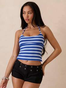 SHEIN Allurite Stripes Halter Neck Sexy Backless Sleeveless Top, Date Night Top - Multicolor - View 5
