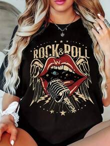 EMERY ROSE Lễ hội âm nhạc Rock Spirit - Thể hiện tình yêu dành cho âm nhạc "Áo thun nữ cổ tròn in họa tiết RO & ROLL thời trang thường ngày" - màu đen - Xem 1