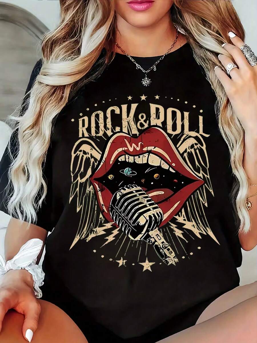 EMERY ROSE Lễ hội âm nhạc Rock Spirit - Thể hiện tình yêu dành cho âm nhạc "Áo thun nữ cổ tròn in họa tiết RO & ROLL thời trang thường ngày" - màu đen - Xem 1