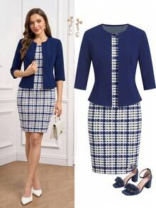 SHEIN Clasi Navy Blue Cardigan Knit Jacket, Elastic, Waist Cinched, Slimming Effect Elegant Navy & White Plaid Knee-Length Dress, Suitable For Everyday, Commuting, Spring/Summer Work Suits, Office Attire, Spring Women's Two-Piece Sets - Blue and White - View 2