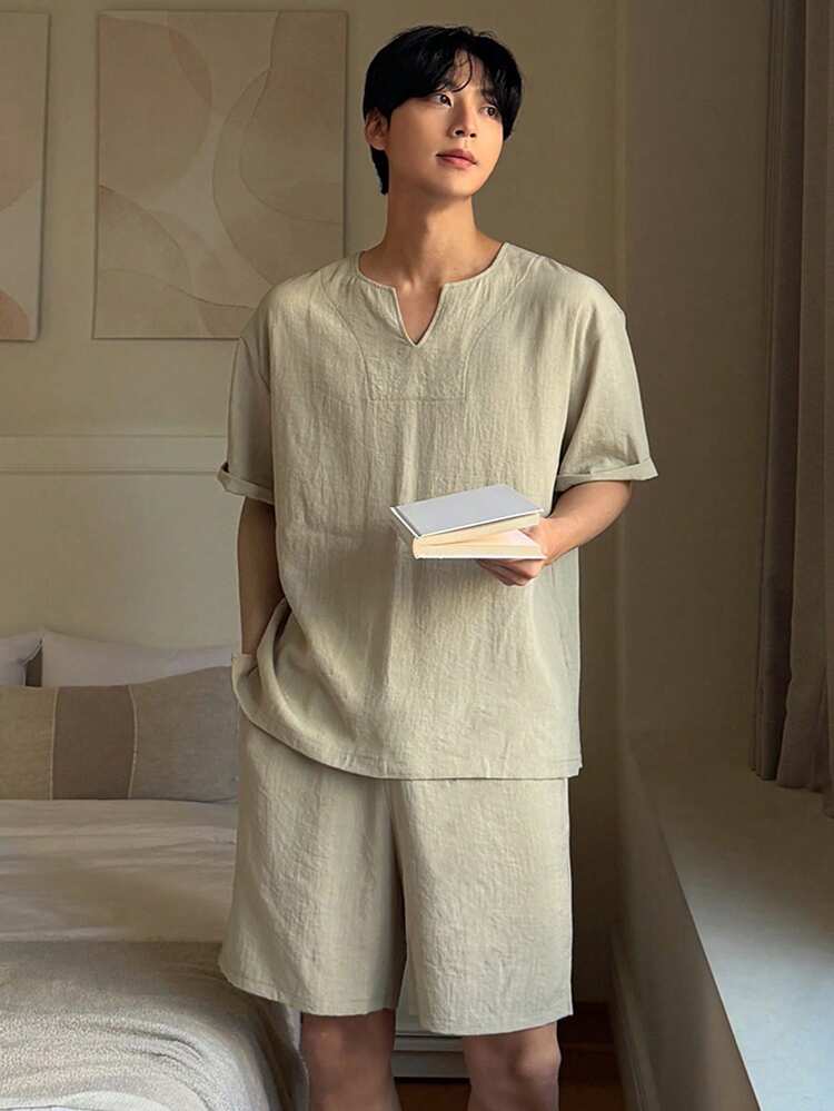 Men's Beige Short Sleeve T-Shirt And Shorts Pajama Set, Summer