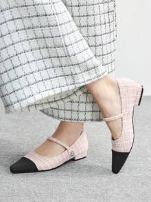 CUCCOO BIZCHIC 女士新款灰色法式低跟尖头简约时尚针织玛丽珍鞋，圣诞节必备 - 粉色格子 - 查看 3