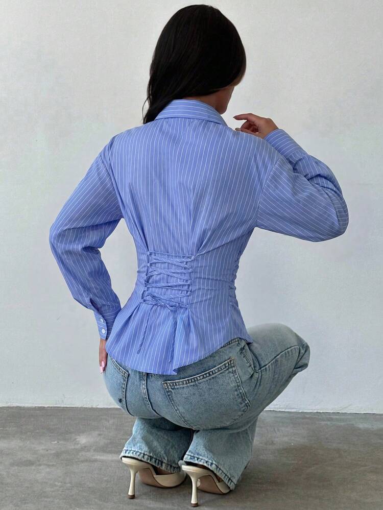 女士蓝白条纹长袖衬衫，系带腰身，休闲通勤衬衫，度假衬衫，收腰条纹衬衫，适合春、夏、秋、冬四季穿着，优雅，度假风，波西米亚风，工作装 - 藍色 - 查看 2