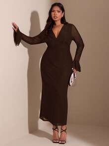 SHEIN BAE 大码优雅撞色网纱V领喇叭袖连衣裙，秋季 - 咖啡棕 - 查看 1