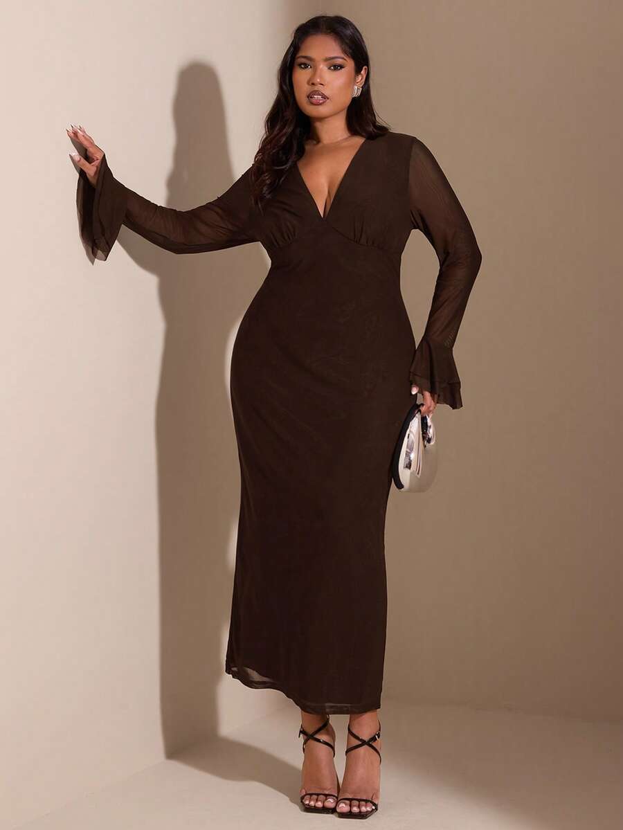 SHEIN BAE 大码优雅撞色网纱V领喇叭袖连衣裙，秋季 - 咖啡棕 - 查看 1