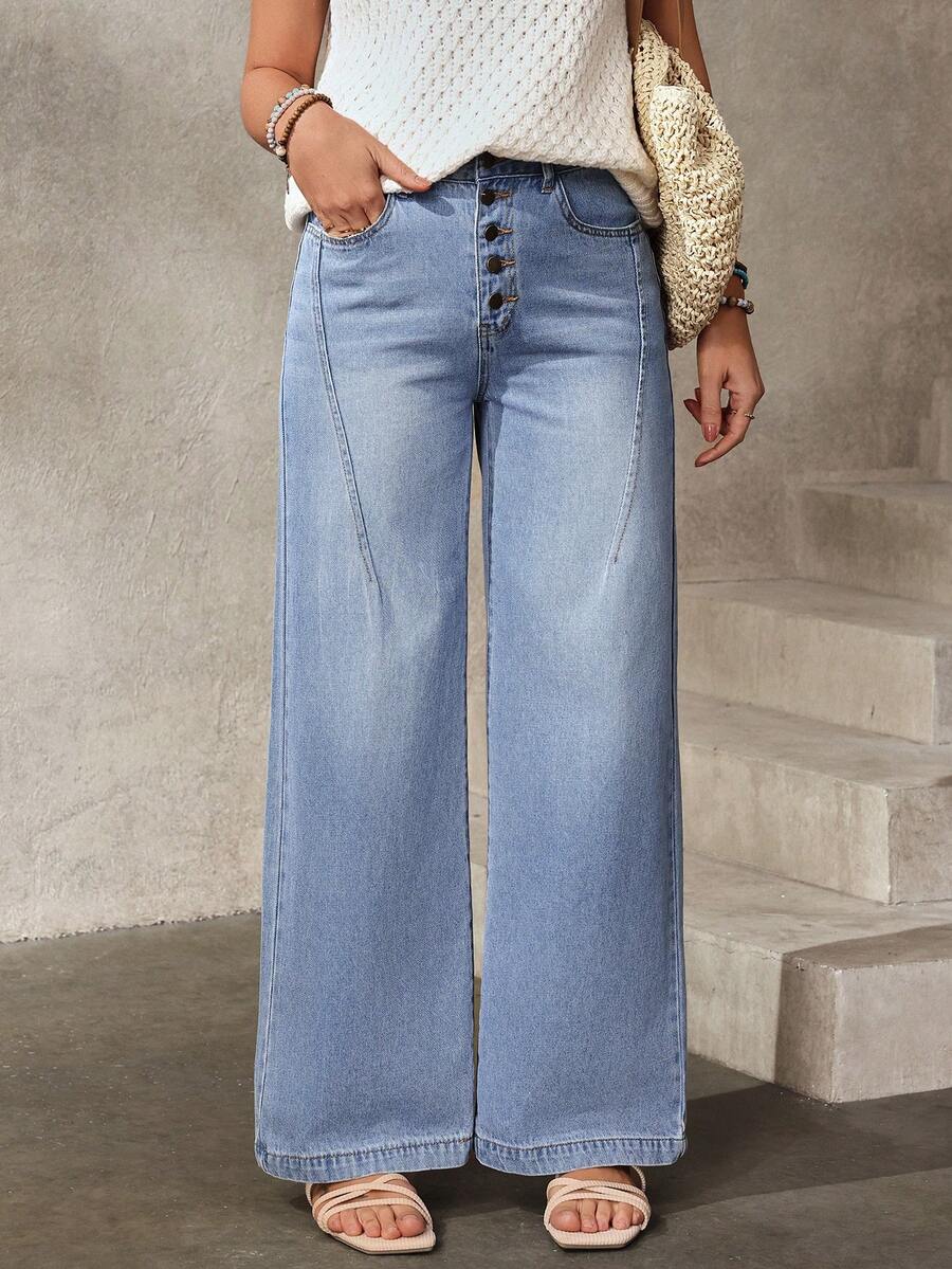 EMERY ROSE 女士休闲日常通勤百搭纽扣开襟宽松阔腿牛仔裤 - 藍色 - 查看 1