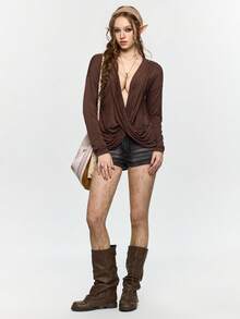ROMWE Hippie Sexy Deep Draped Neck Ruched Long Sleeve Women T-Shirt - Coffee Brown - View 6