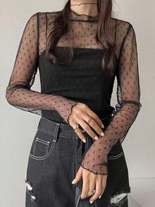 FRIFUL Women's Polka Dot Sheer Mesh Layered Trim Slim Fit Blouse, Suitable For Spring - Black - View 9