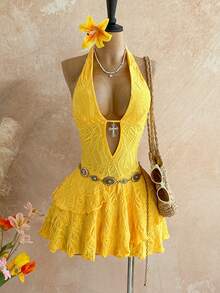 Soleia Đầm ngắn gợi cảm cổ chữ V, khoét sâu, dây buộc cổ, hở lưng, chất liệu vải dệt họa tiết, nhiều lớp, vạt không đều, thích hợp cho tiệc tùng, Giáng sinh, hẹn hò, hộp đêm, bãi biển, du thuyền, trà chiều, phong cách Bohemian, Boho, kỳ nghỉ, trang phục mùa thu dành cho nữ, phong cách vintage. - Màu vàng - Xem 1
