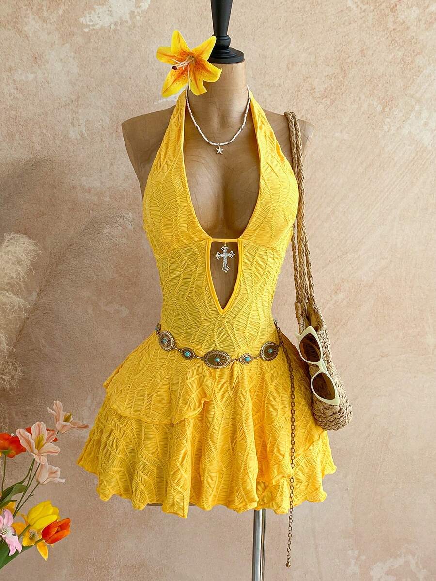 Soleia Đầm ngắn gợi cảm cổ chữ V, khoét sâu, dây buộc cổ, hở lưng, chất liệu vải dệt họa tiết, nhiều lớp, vạt không đều, thích hợp cho tiệc tùng, Giáng sinh, hẹn hò, hộp đêm, bãi biển, du thuyền, trà chiều, phong cách Bohemian, Boho, kỳ nghỉ, trang phục mùa thu dành cho nữ, phong cách vintage. - Màu vàng - Xem 1