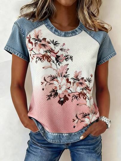 EMERY ROSE Camiseta de mujer de manga corta con cuello redondo y parches de mezclilla