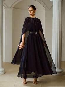 ZEYLAH 优雅水钻装饰斗篷式连衣裙，女士款 - 藏蓝色 - 查看 4