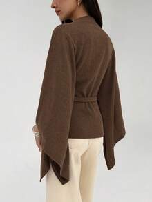 Aloruh 女士纯色立领喇叭袖系带时尚衬衫 - 咖啡棕 - 查看 2