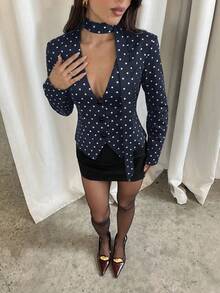 Aloruh 女士撞色波点印花长袖西装外套 - 藏蓝色 - 查看 6