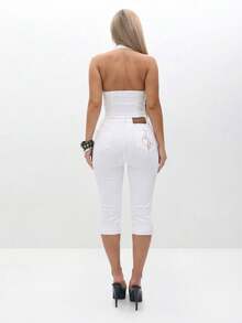 BABYPHAT Women's White Stretch Denim Capri Jeans With Turn Up Hem Cuffs And Cat Embroidery Detail High Rise Cropped Summer Pants - White - View 5