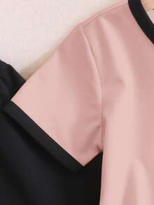 SHEIN 2pcs Tween Girl Contrast Color V-Neck Short Sleeve Shirt And Casual Pants Set - Pink - View 5
