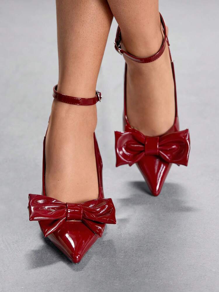 CUCCOO SZL Women's High Heels Pointed Toe Cross Strap Buckle Strap Adjustable 9CM Burgundy Women's High Heels Shoes Elegant Stiletto Shoes Mirror PU Material Cute Big Bow Coffee Brown High Heels Fashion Versatile Suitable For Daily/Party/Commute/Valentine's Day Dating/Christmas/Formal Women's Shoes