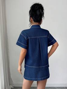 Elenzga 女士宽松短款牛仔外套 - 深色水洗藍 - 查看 2