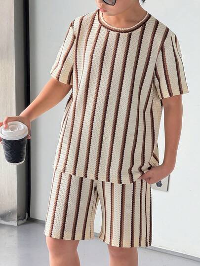 Mirajuku Casual Fashion Striped & Waffle Knit Crew Neck T-Shirt And Elastic Waist Shorts Set For Tween Boys, Loose Fit, Comfortable For Daily Wear, Commute, Outdoor, Sports, School, Street Style, Beach Party And Photoshoot, Suitable For Autumn, Spring, Summer